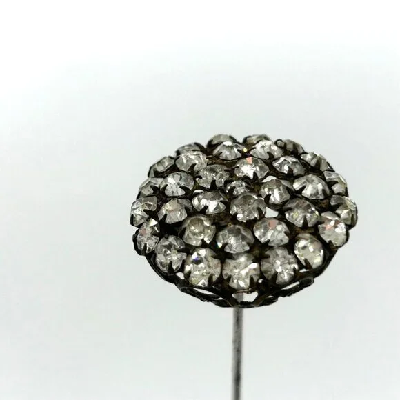 Antique Victorian Hat Pin Clear Paste Rhinestone Domed Top Filigree Back 10" - Picture 10 of 16